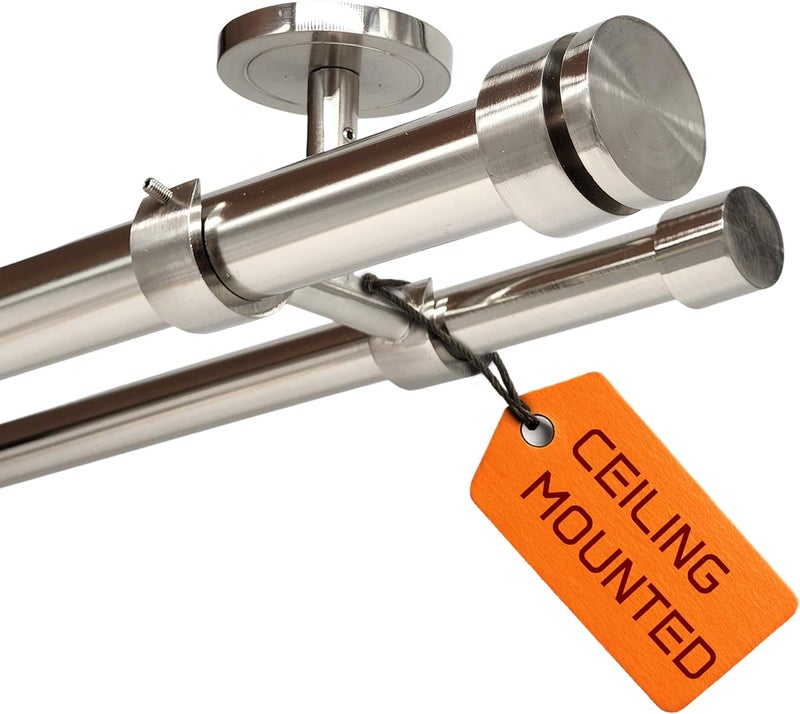 A Key Tech Ceiling Mounted Double Curtain Rod, Heavy Duty Brushed Nickel Double Curtain Rod, Drapery Holder with Three Ceiling Mount Brackets and Installation Hardware Included (Brushed Nickel, 48-84") - Image 1